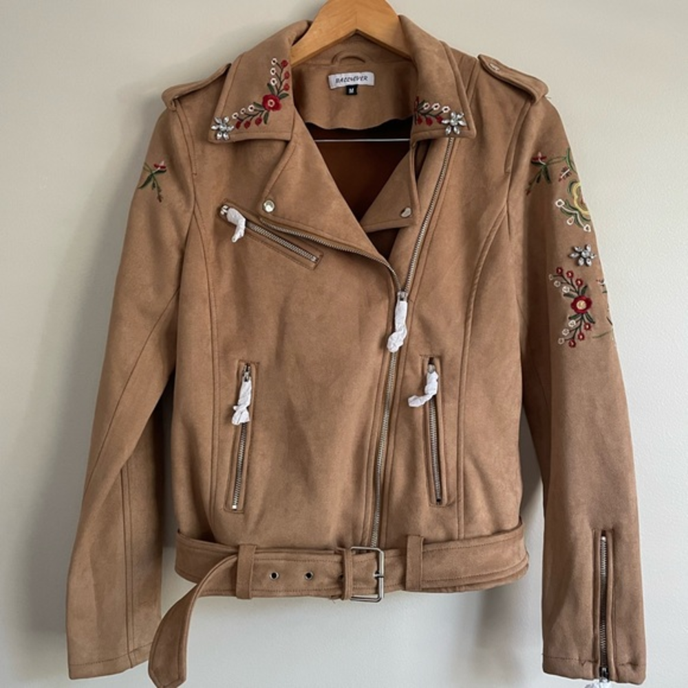 Women’s Faux‎ Suede Long Sleeve Moto Jacket Medium Embroidered Rhinestones NWT